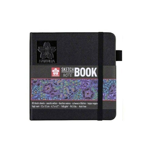 Блокнот для зарисовок Sakura, черная бумага, твердая обложка, 80 листов, 140г/кв.м, 12 х 12  см, черный
